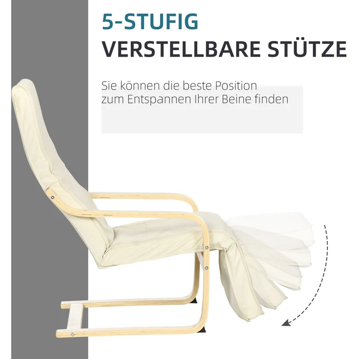 MELAYR, Liegestuhl mit Auflage, 5-stufige Fußstütze, Birkenholz, bis 120 kg, 66.5 x 94 x 100 cm, Cremeweiß – Bild 6