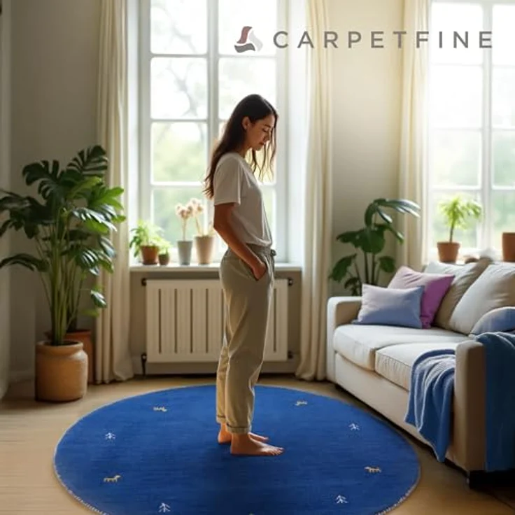 carpetfine 'Gabbeh Uni' Wollteppich, reine Wolle, Blau, Ø 120 cm – Bild 9