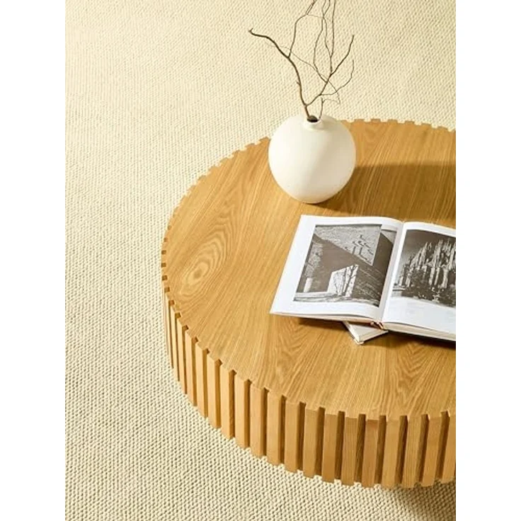 NJLyuhome Elegant Round Coffee Table-MDF Base with Ash Veneer Finish, Modern Design for European Living-Natural – Bild 4