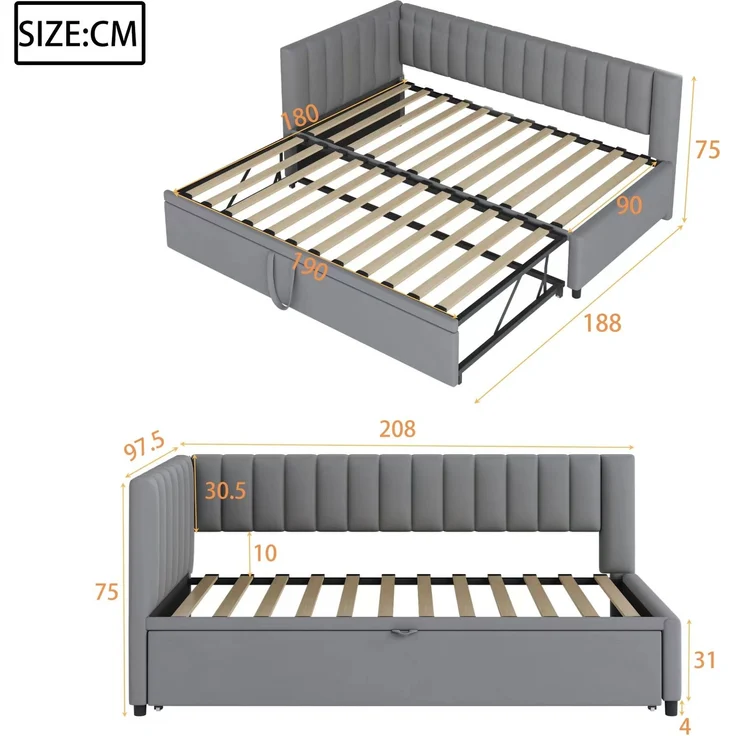 Merax Multifunktionales L-förmiges Schlafsofa mit Ausziehbett 90/180*200cm, Polsterbett in Samtstoff, platzsparendes Design für Kinderbett, Gästebett, hellgrau – Bild 4