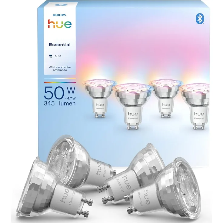 Philips Hue Essential Smart LED GU10 Strahlerlampe, Weiß und Farbig, 4,7 W, 2200K-6500K, 345 Lumen, dimmbar, funktioniert mit Alexa, Google Assistant, und Apple Home, 4 Packung