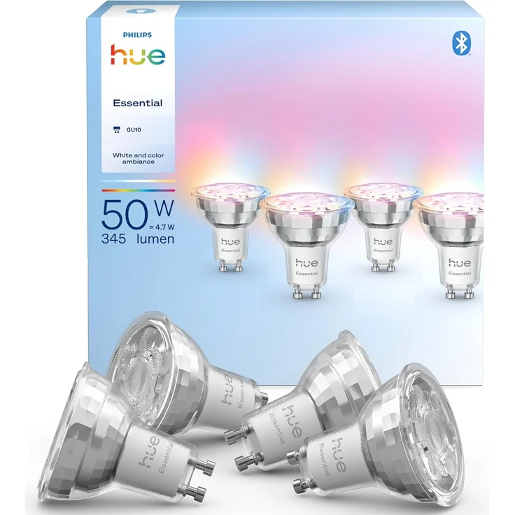 Philips Hue Essential Smart LED GU10 Strahlerlampe, Weiß und Farbig, 4,7 W, 2200K-6500K, 345 Lumen, dimmbar, funktioniert mit Alexa, Google Assistant, und Apple Home, 4 Packung