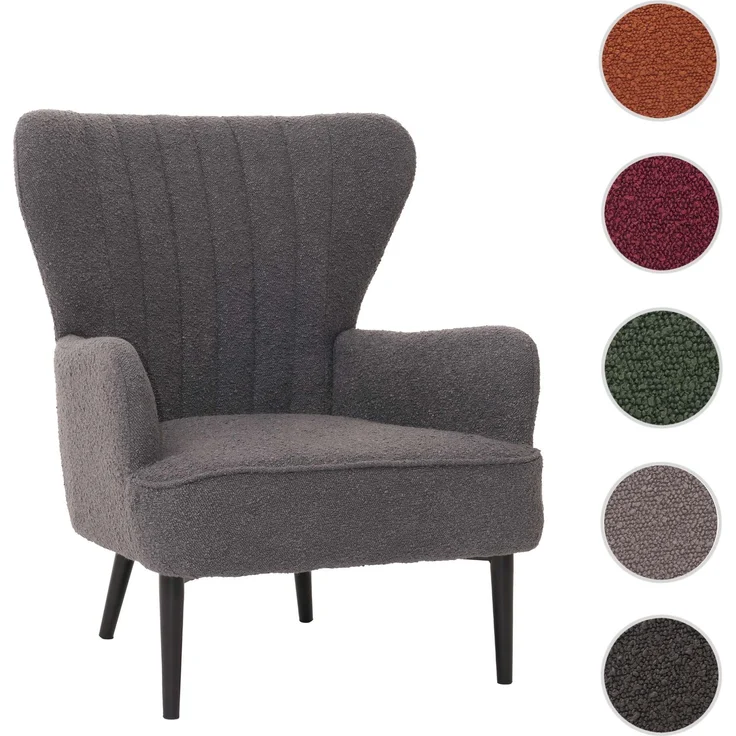 Lounge-Sessel HWC-K37, Cocktail-/Ohrensessel Polsterstuhl Retro Vintage Stoff Bouclé (600g/m²) Öko-Tex ~ dunkelgrau – Bild 10