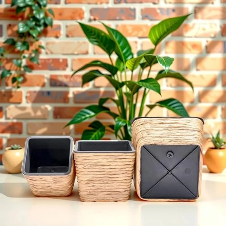 INtrenDU Blumentopf Seegras Eckig 3er Set mit Innentopf (Schwarz – Pflanzkorb Geflochten Uebertopf Boho Deko, Pflanztopf Quadratisch 3 Groessen fuer Zimmerpflanzen) – Bild 3
