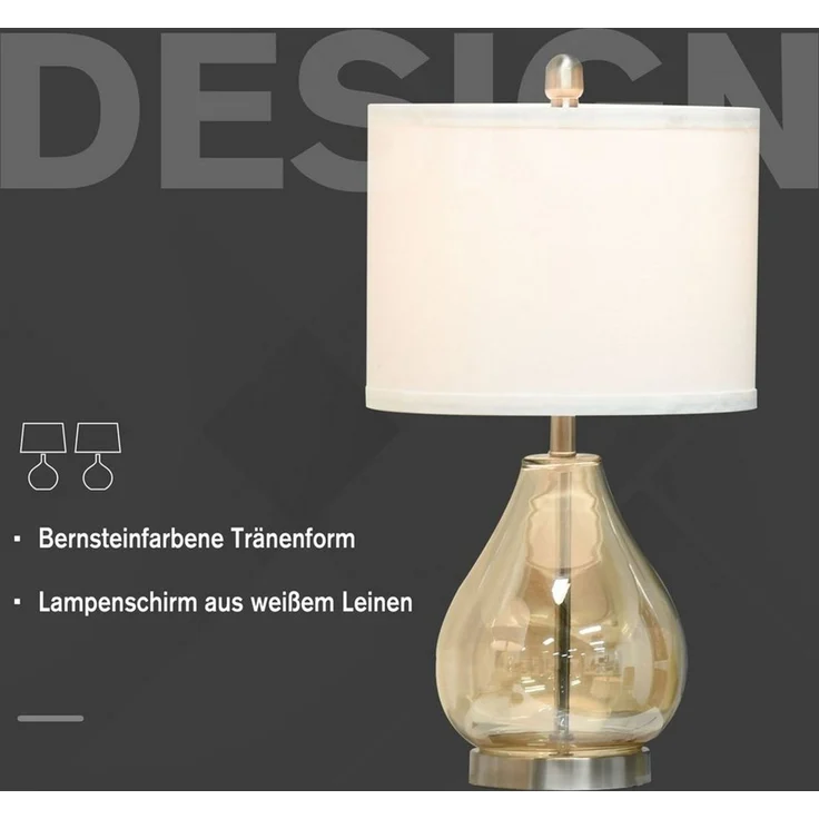 HOMCOM Tischleuchte Nachttischlampe, Ein-,Ausschalter, 1 x E27 (nicht im Lieferumfang enthalten), 2-Set Tischlampen E27 Nachttischlampe Leinen Glas Bernstein – Bild 3