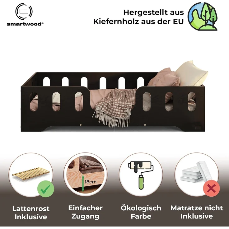 smartwood Kinderbett Bodenbett 90x180 mit Rausfallschutz & Lattenrost - Schwarz - Kinder Montessori Bett TILA 2 mit glatten Kanten - Betten für schnelle Montage - Bis 230 kg belastbar – Bild 3