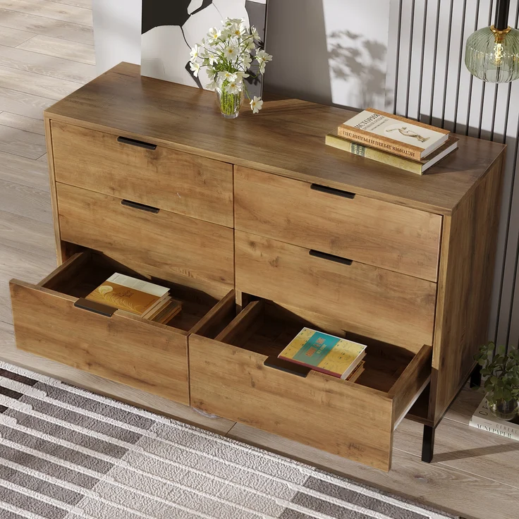 Kommode mit 6 Schubladen, Spanplatte & Metallgestell, 120x40x76 cm, Dunkle Eiche – Bild 4