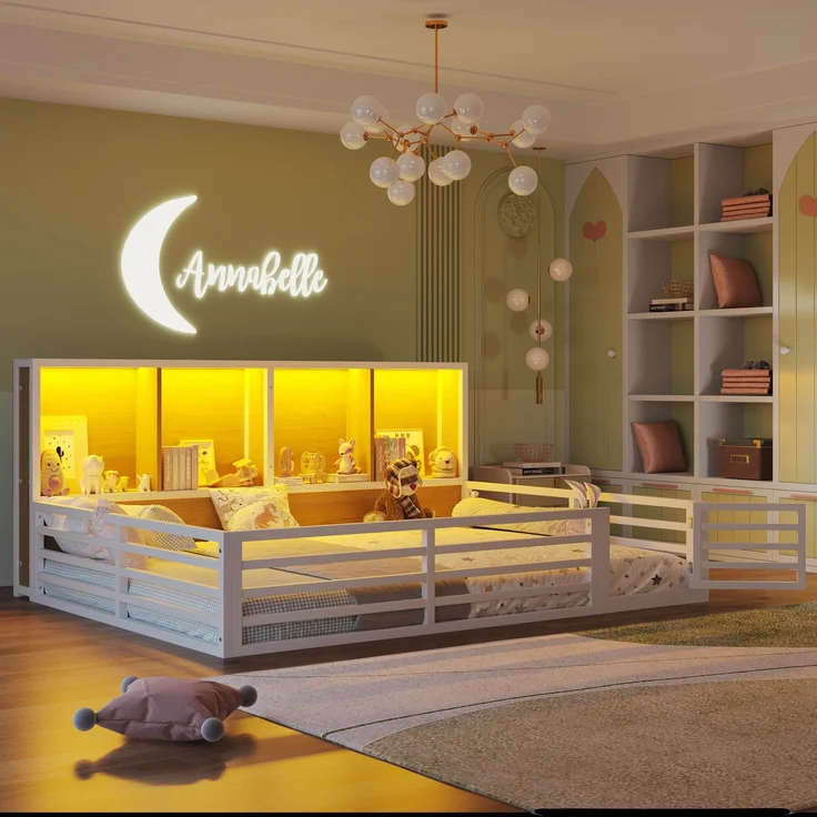 Kinderbett mit LED-Beleuchtung, Lattenrost, Tür und Zaun, 140x200 cm, Rausfallschutz, Stauraum, Metallbett – Bild 4