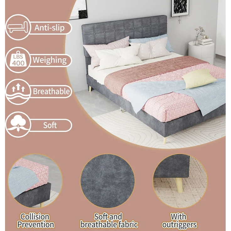 Novelux Polsterbett 140x200 cm mit gestepptem Kopfteil - Doppelbett Stoffbett Dunkelgrau, Massivholzrahmen & Holzfüße, Modernes Bettgestell für Schlafzimmer – Bild 3