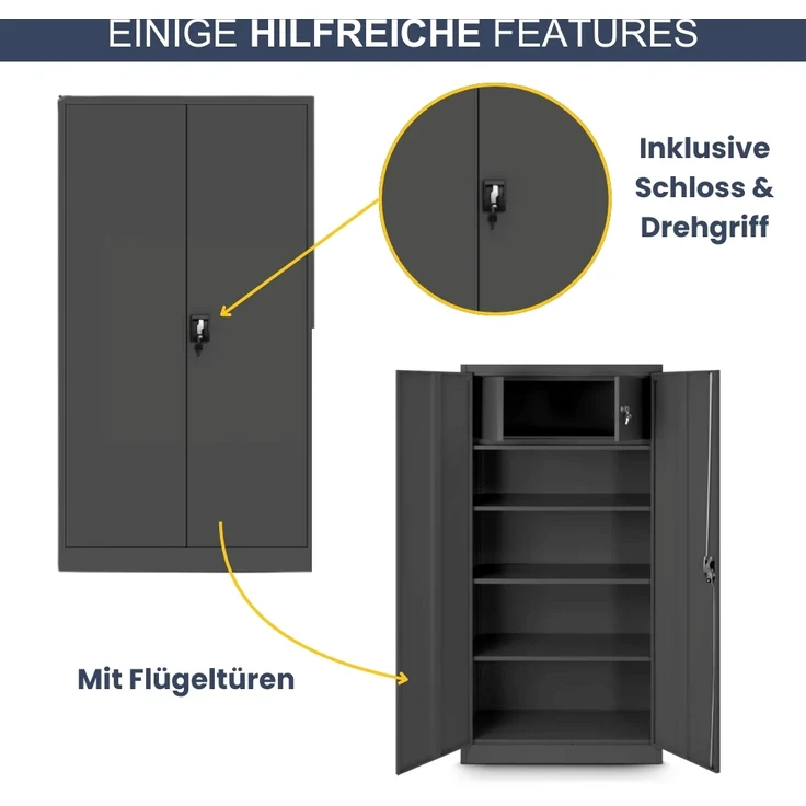 Metallschrank abschließbar KODLI - Geheimfach, 4 Ebenen | Aktenschrank Büroschrank Stahl Mehrzweckschrank Werkstatt Werkzeugschrank, 185x90x45cm Anthrazit – Bild 5