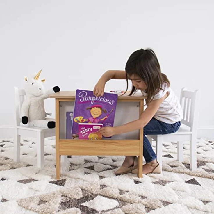 Humble Crew Journey Kindertisch aus Holz mit 2 Stühlen und Bücherregal – Spieltisch für Kinderzimmer, Natur/Weiß – Bild 6