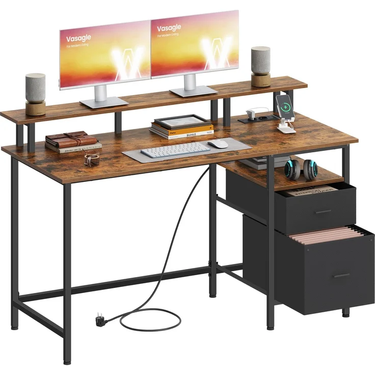 VASAGLE Schreibtisch mit Stoff-Schubladen, Computertisch mit Monitorständer, Bürotisch, 2 AC-Steckdosen, 2 USB-A-Anschlüsse, für Homeoffice, 140x60 cm, vintagebraun LWD094K02V1 – Bild 1