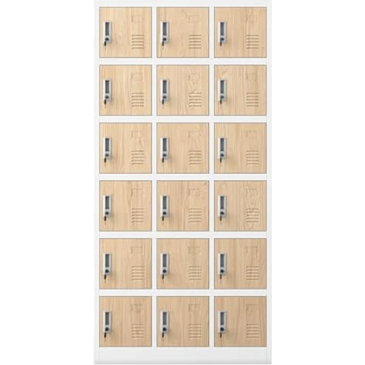 Jan Nowak Umkleideschrank 3B6A Fächerschrank Schließfachschrank mit 18 Fächern Metall Pulverbeschichtung 185 cm x 90 cm x 40 cm (Weiß-Holz) – Bild 2