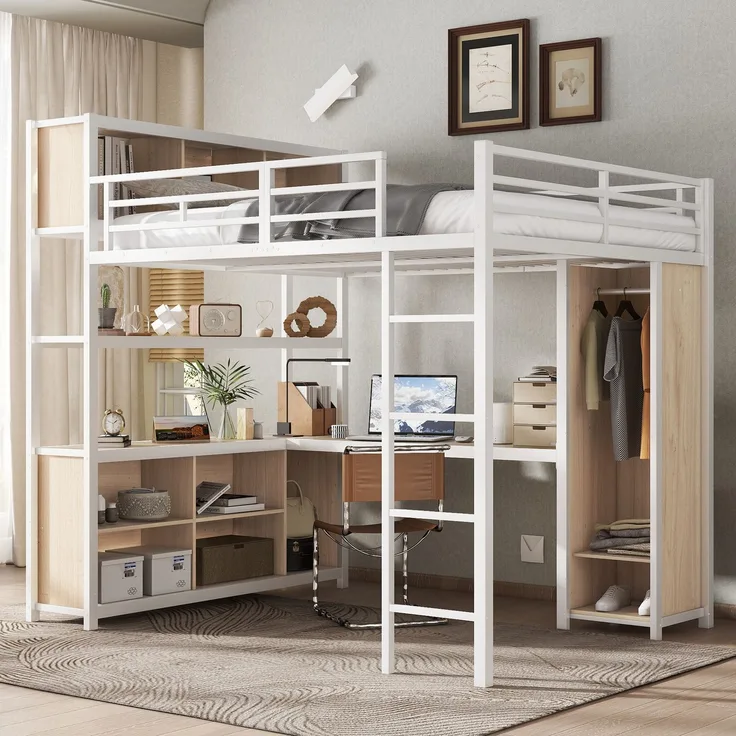 EINHOM Eisenbett, Hochbett, Doppelstöckiger Stauraum unter dem Schreibtisch, Oberes Bett mit Stauraum, Mit Kleiderschrank, Eisen + Spanplatte, Weiß+Natur, 140 x 200 cm (Ohne Matratze)