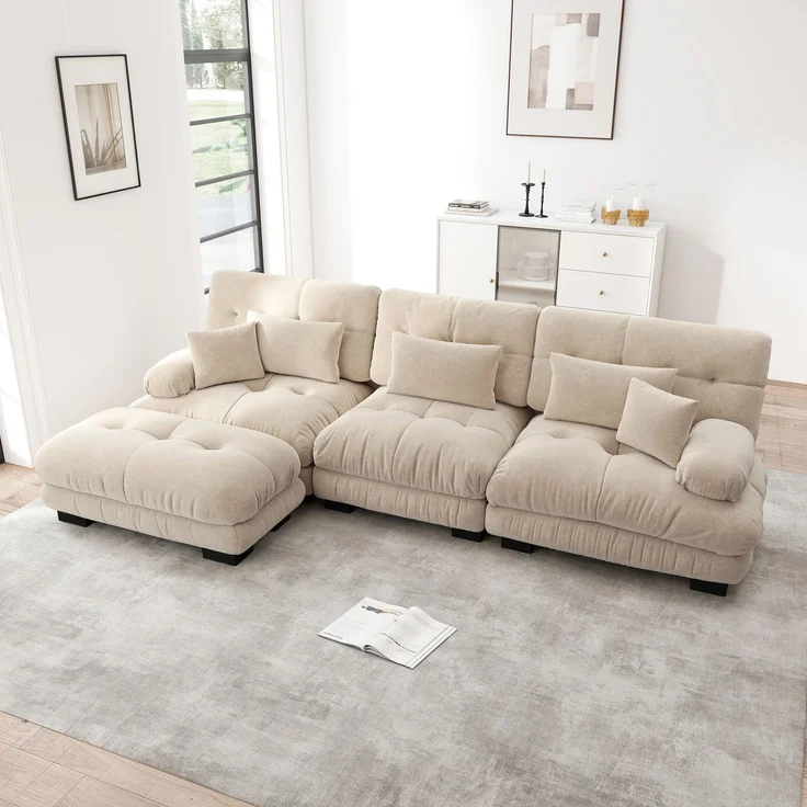 Modulares Sofa aus Chenille 313x145x81 cm mit runden Armlehnen und Ottomane, beige – Bild 3