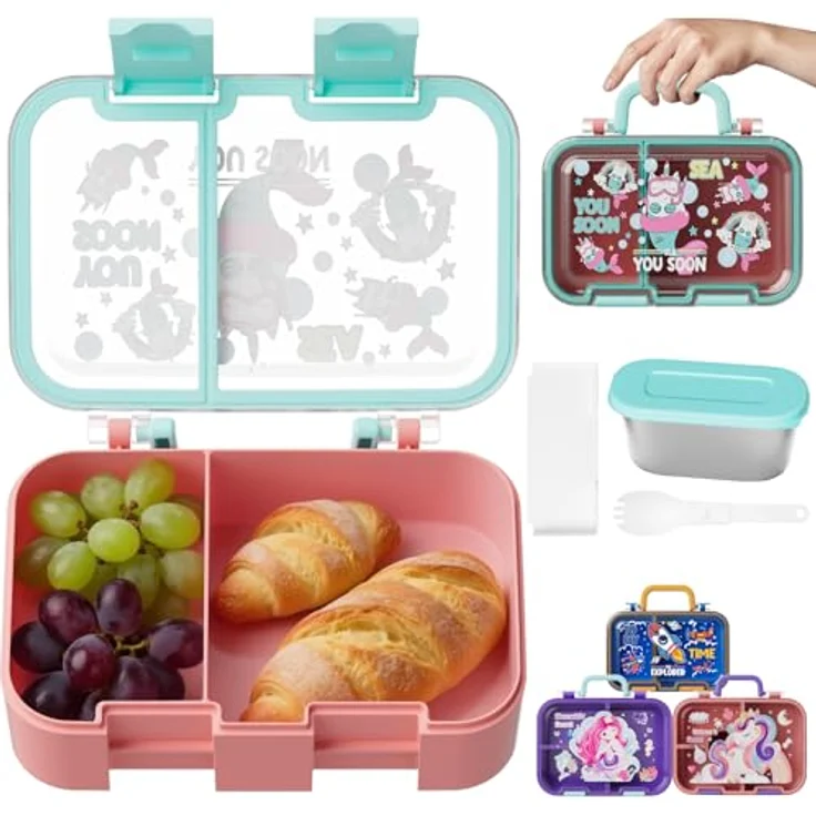Bundviel Lunchbox Lunchbox Brotdose Kinder mit Fächern Auslaufsichere Bento-Box Brotdose, PP+ABS, (4-tlg, mit Saucenbehälter), spülmaschinenfest, kühlschrankgeeignet und mikrowellenfest – Bild 1