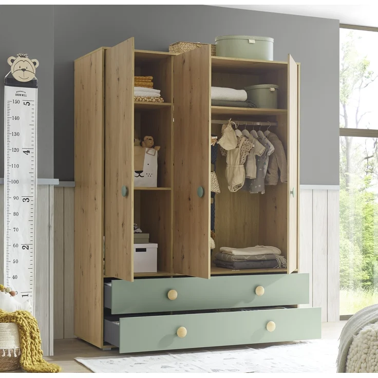 Kleiderschrank >Birta< 2 Schübe, 3 Türen, Artisan Eiche Dekor /Salbei - 153,8x200x58,2 (BxHxT) – Bild 8