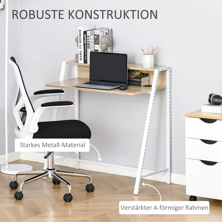 Schreibtisch Moderner Computertisch mit Ablagefach & Kabeldurchlass Metallgestell Weiß Eiche 84x45x85cm für Home Office & Arbeitszimmer--Weiß--84x45x85cm--YOUDENOVA – Bild 5