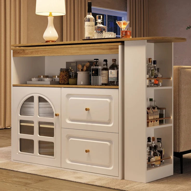 Stehtisch ausziehbar MDF Glastür Schubladen Snackregal 360°-Drehbar Sideboard Küchenwagen Wohnzimmertisch – Bild 4