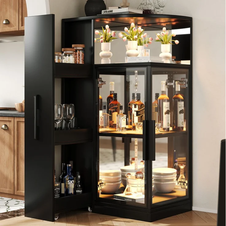 Glasvitrine 64x42x112 cm mit LED-Beleuchtung und ausziehbarem Seitenschrank, Schwarz – Bild 2