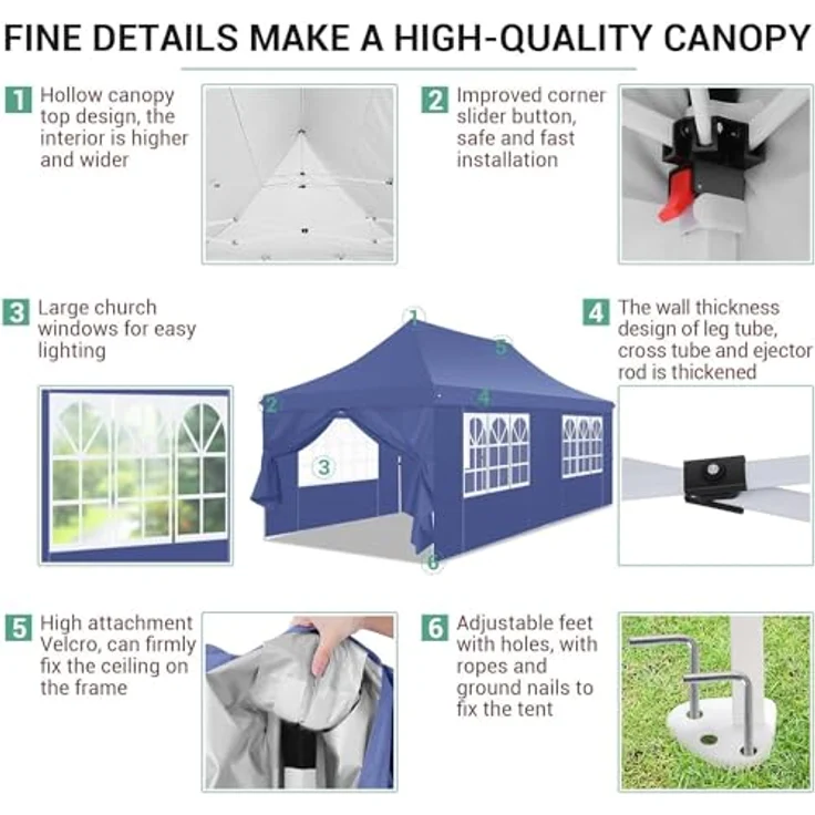 COBIZI Faltpavillon 3X6, Pavillon 3x6 m Wasserdicht Stabil Winterfest, Faltbar Partyzelt mit 6 Seitenwänden & 4 Sandsack Pop up Gartenpavillon Anti-UV für Hochzeiten, Freien, Marineblau – Bild 3
