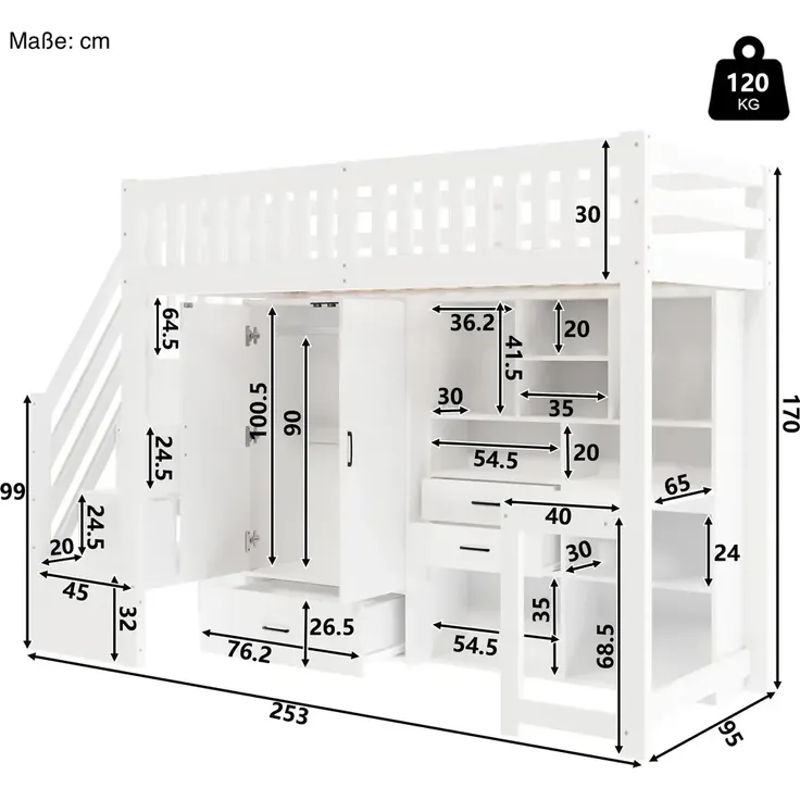 Hochbett mit Schreibtisch, Kleiderschrank, Regal, Lattenrost und Rausfallschutz, 90x200cm, Kinderbett, Stauraum, Jugendbett, Kiefer – Bild 5