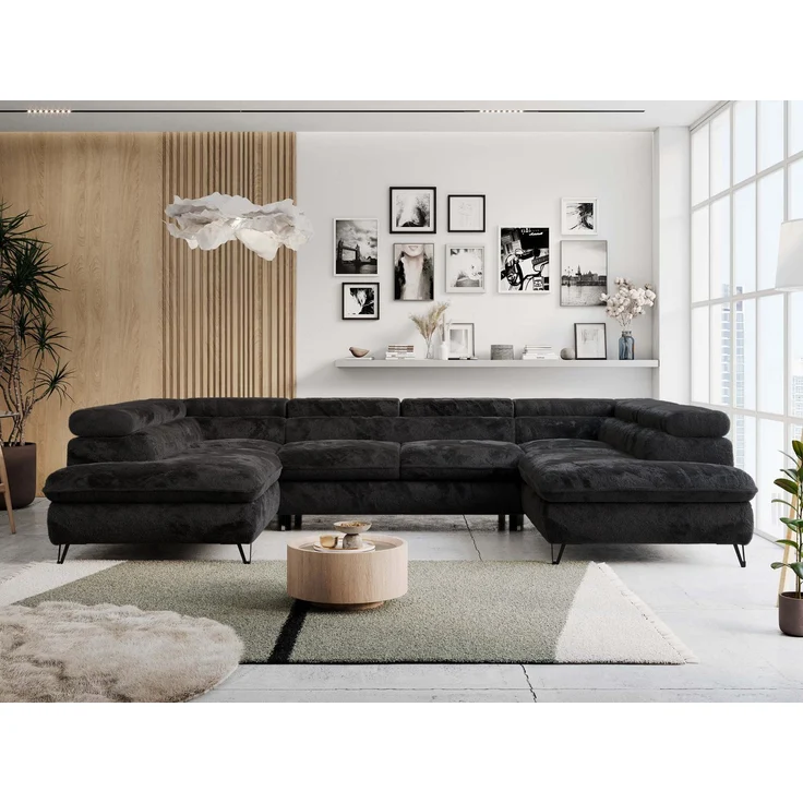 Ecksofa U-Form, mit Bettkasten, Bettfunktion und Einstellbare Kopfstützen, Sofa big XXL - PETER U - Schwarz Plüsch - Topper T25 – Bild 1