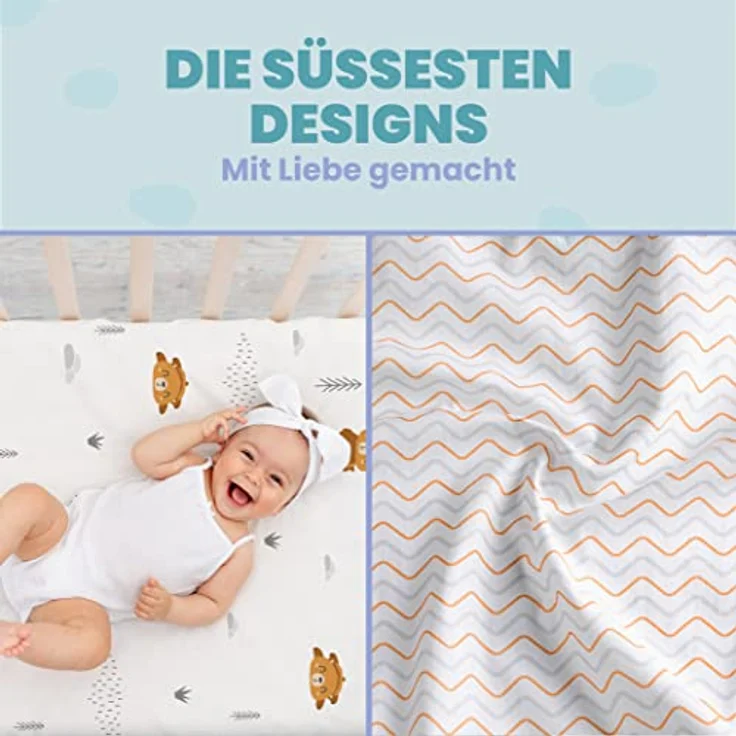 2X Spannbettlaken aus 100% Baumwolle mit Gummiband - 1X Matratzenschoner aus 100% wasserdichtem Material - 3er-Set - 55x90 cm - Teddybär – Bild 7