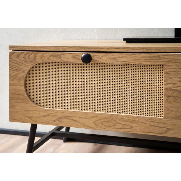 FINEBUY Lowboard FB104346 (Eiche Dekor 100 cm, Schublade Stauraum Geflecht), TV-Kommode Hoch, TV-Schrank Modern Fernsehtisch – Bild 5