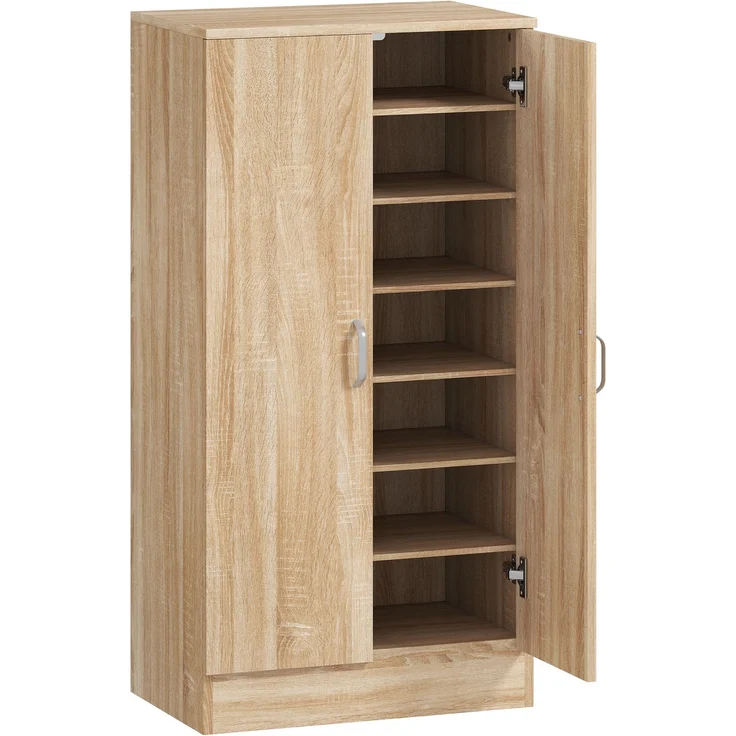 Schuhschrank mit 2 Türen, 6 verstellbare Regalböden, Soft-Close-Scharniere für 14 Paar Schuhe, Naturholz--Naturholz--108x35x55cm--YOUDENOVA – Bild 2