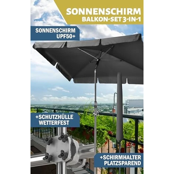 Menz Sonnenschirm Balkon - 3-IN-1 Sonnenschutz Balkon SET in Anthrazit, UPF 50+ Sonnenschirm rechteckig 200x125 cm + stabiler Sonnenschirmhalter Balkongeländer + Sonnenschirmhülle – Bild 2