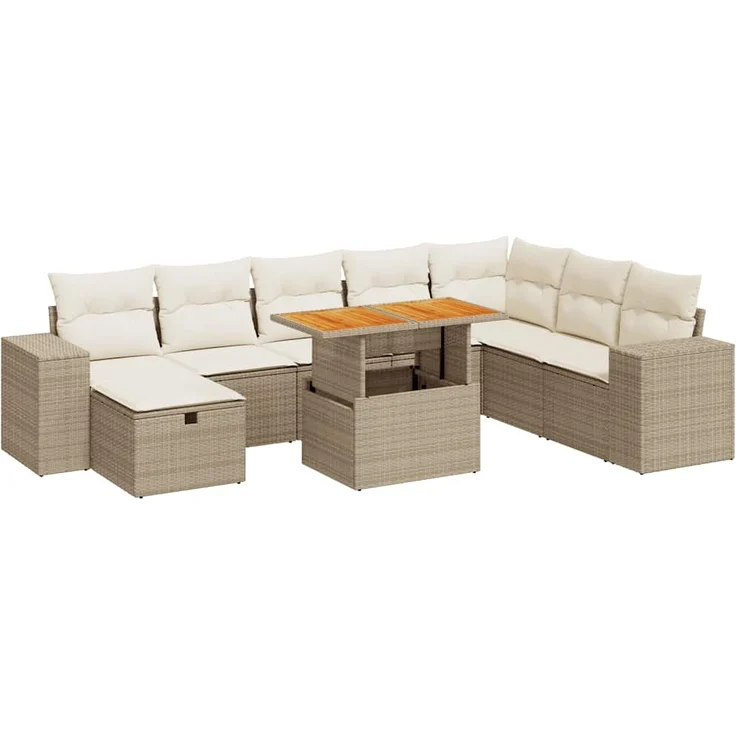 vidaXL 9-tlg. Garten-Sofagarnitur mit Kissen Beige Poly Rattan Akazie 3328101 – Bild 1