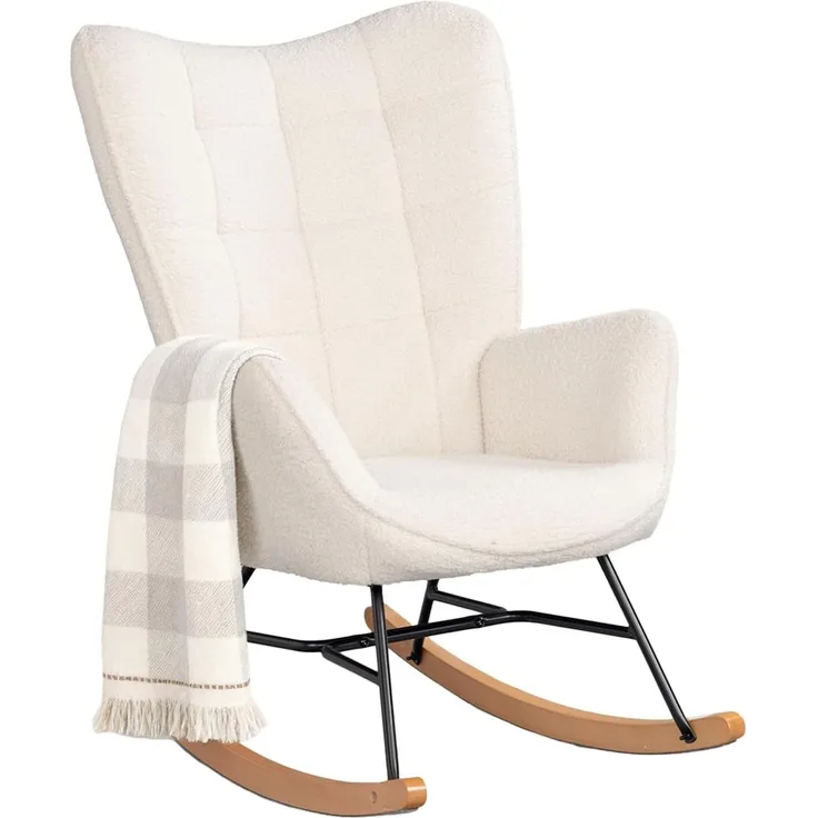 MEUBLE COSY Schaukelstuhl Sessel Schaukelsessel Stillstuhl Schwingstuhl mit Armlehnen Gepolsterter Sitzfläche für Wohnzimmer Schlafzimmer, Balkon, Sherpa und Holzkufen, Bis 120 kg Belastbar, Beige