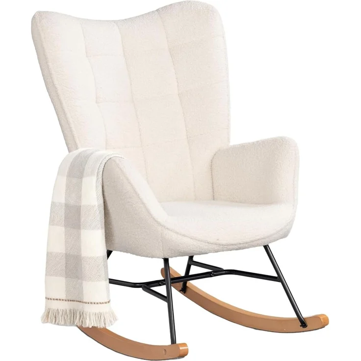 MEUBLE COSY Schaukelstuhl Sessel Schaukelsessel Stillstuhl Schwingstuhl mit Armlehnen Gepolsterter Sitzfläche für Wohnzimmer Schlafzimmer, Balkon, Sherpa und Holzkufen, Bis 120 kg Belastbar, Beige – Bild 1