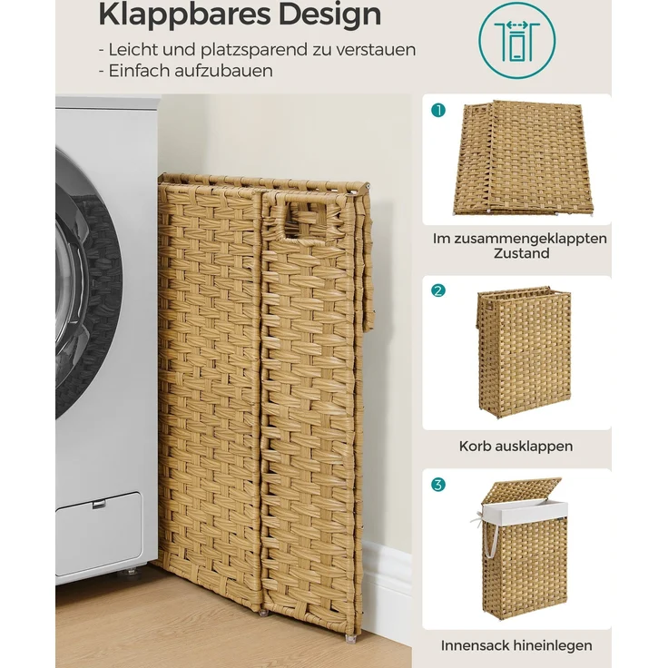 Songmics Wäschekorb mit herausnehmbarem Wäschesack, synthetisches Rattan Pastellgelb, 55L – Bild 4