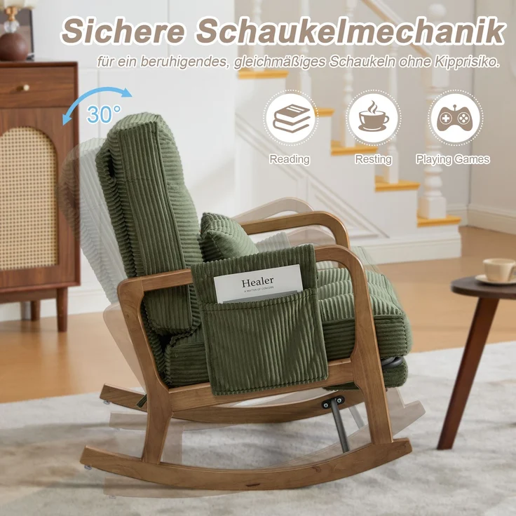 LVHOM Schaukelstuhl mit ausziehbarer Fußstütze, Relaxsessel mit verstellbare Rückenlehne, Loungesessel mit Seitentasche, bis 150 kg belastbar, Grün – Bild 8