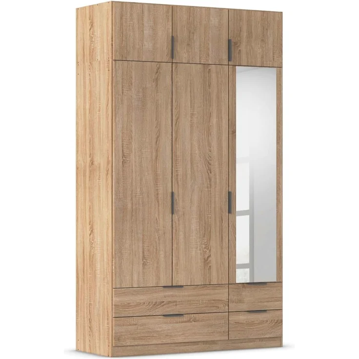 Rauch Möbel Lagoa, Kleiderschrank, Garderobe für Schlafzimmer, Kinderzimmer, Jugendzimmer 6-türig, mit Spiegel, 4 Schubladen, mit Zubehör Classic, Farbe Eiche Sonoma, Holz, Breite 136 – Bild 1