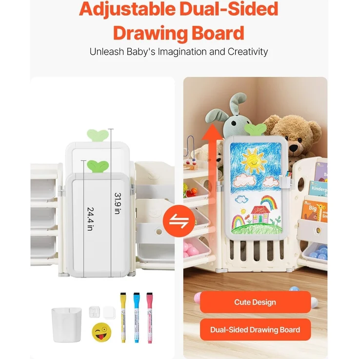VEVOR Spielzeugaufbewahrung Bücherregal Spielzeugregal HDPE, 4-stöckige multifunktionale Ablage mit 10 flexiblen Kunststoffbehältern & Zeichenbrett, für Schlafzimmer Klassenzimmer (Grau + Beige) – Bild 6