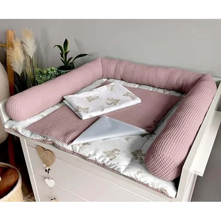 Wickelauflage Set 6-teilig – Wickelunterlage aus Baumwolle & Waffelstoff – Baby Wickelauflage – Geschenk zur Babyparty – Wickeltischauflage – 85x75 cm (Breite x Tiefe), Teddy und rosa – Bild 5