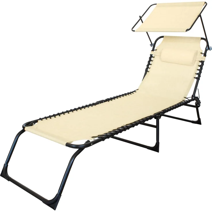 Sonnenliege, zusammenklappbar, mit Sonnendach und Kissen, Gestell aus Stahl, Textilene-Gewebe, 190x58 cm, für Garten, Terrasse, Pool oder Strand – Blau/Grau/Ecru – Bild 1