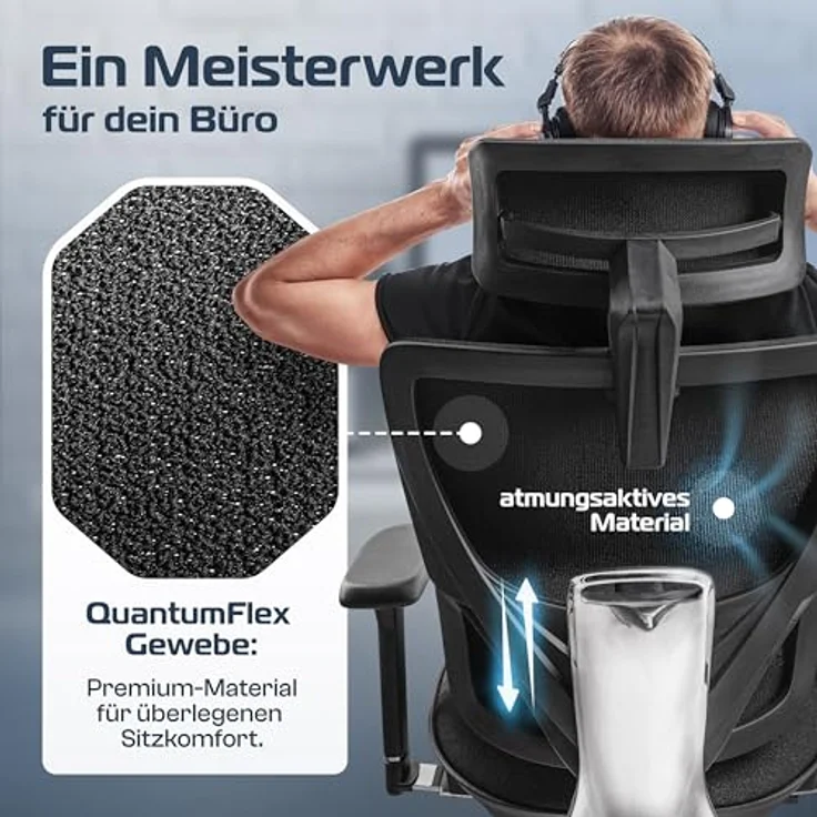 Clouvou MasterSeat Drehstuhl, Schwarz, Textil, ergonomisch, IGR-zertifiziert, höhenverstellbar mit 4D-Armlehnen und Phantom Wheels – Bild 4