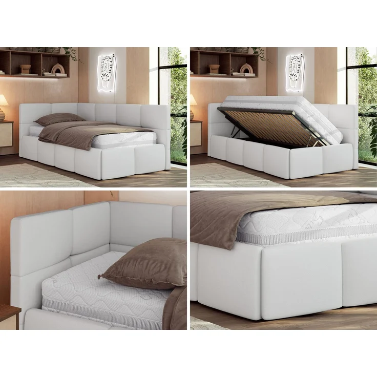 Jugendbett 90x200 ARVO Polsterbett mit Bettkasten, Stauraum & Gasdruckfeder, Modernes Design mit Kopfteil, Foam Matratze - Weiß Kunstleder - MIRO LUX - Links Seite – Bild 2