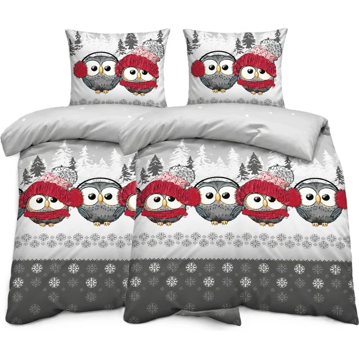 One Home Bettwäsche Süße Eulen im Wintermotiv, Flanell, 4 teilig, Schneeflocken Weihnachtlich, Baumwolle Biber kuschelig warme weiche – Bild 1