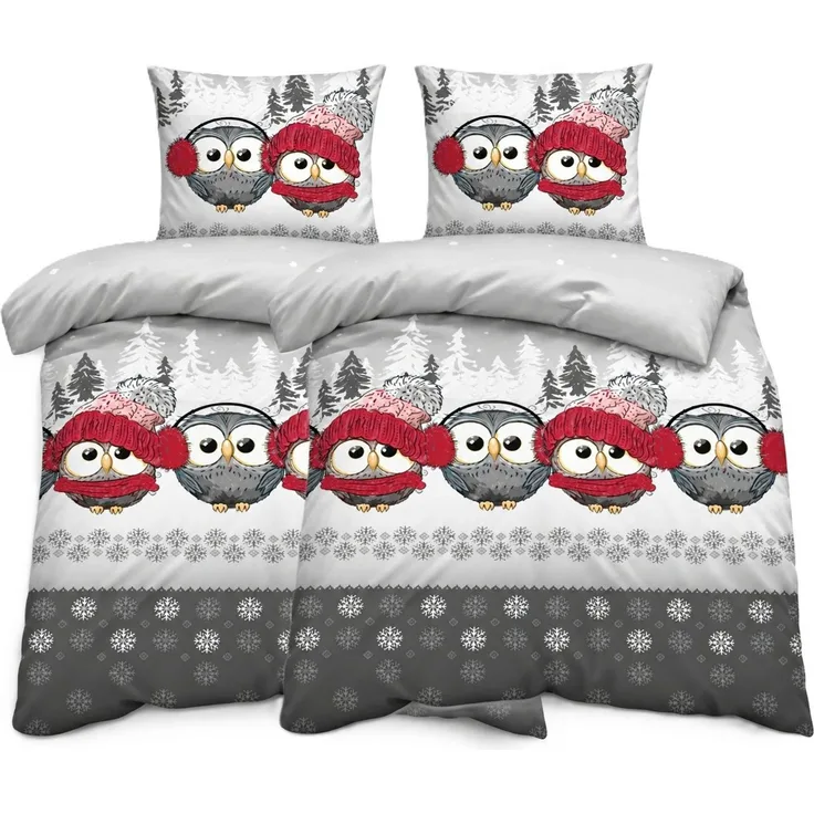One Home Bettwäsche Süße Eulen im Wintermotiv, Flanell, 4 teilig, Schneeflocken Weihnachtlich, Baumwolle Biber kuschelig warme weiche