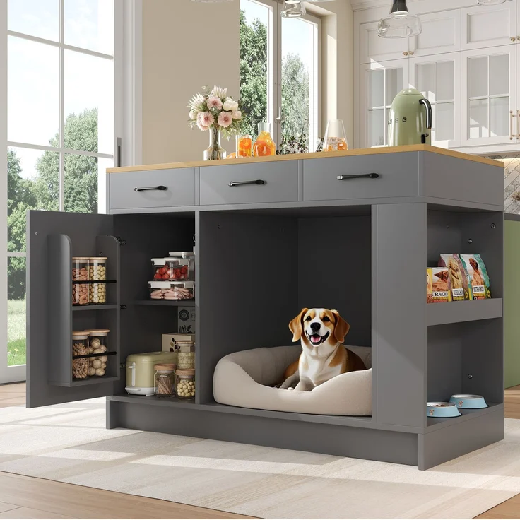 Servierwagen 120 x 60 x 90 cm mit 3 Schubladen, Gewürzablage, verstellbarem Regalboden und Haustierbereich – Bild 7