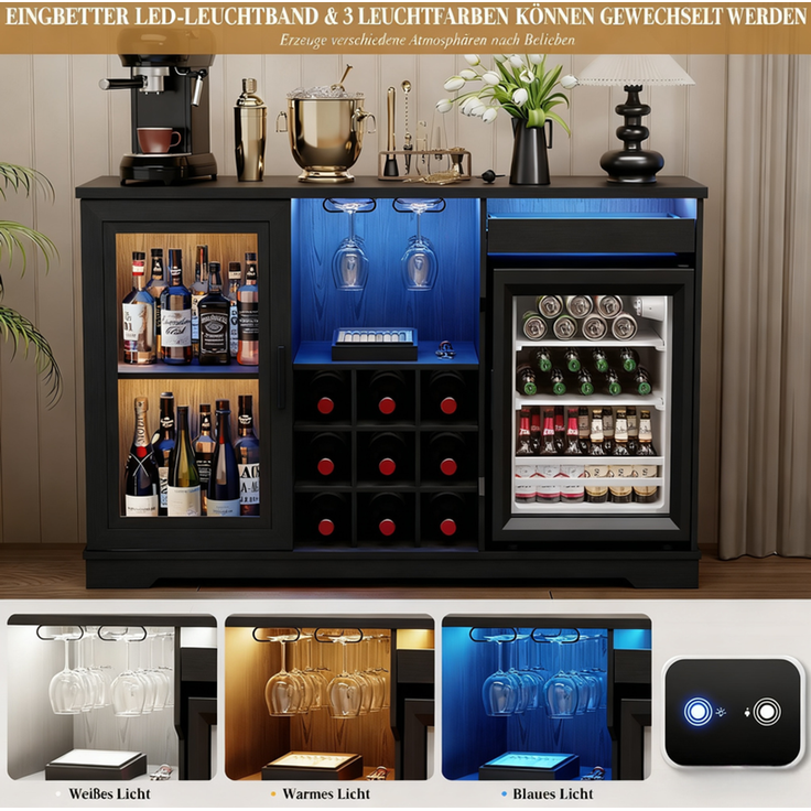 Weinschrank 120x40x78 cm mit LED-Beleuchtung, 9 Weinregalen und 2 Glashaltern, Holz & Schwarz – Bild 5