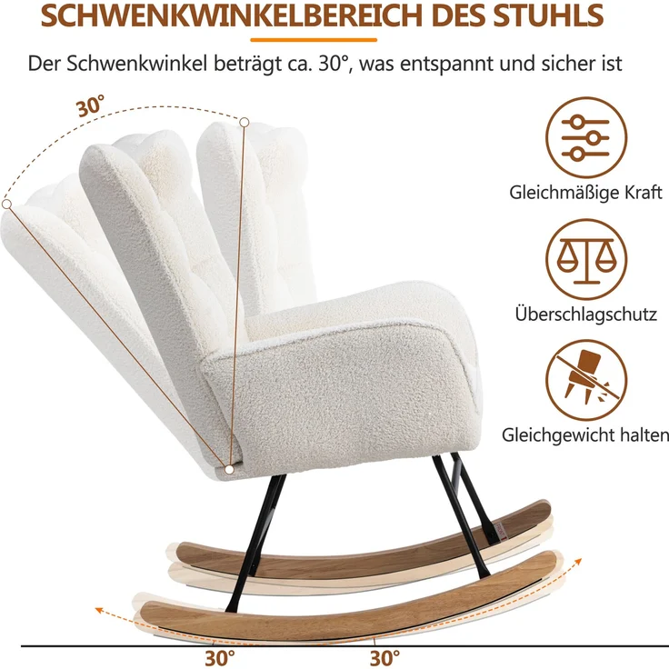 Schaukelstuhl-Set, mit Kopfkissen & Fußhocker, Sessel 65x47x92 cm, Hocker 49x38x38 cm, Weiß – Bild 6