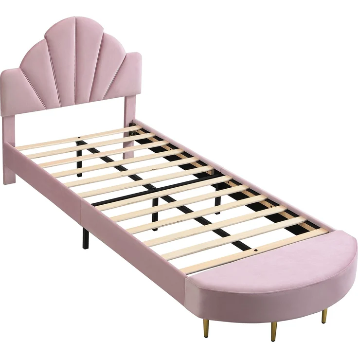 Merax Polsterbett, 90 x 200cm Einzelbett, Kinderbett mit Samtkopfteil, Mit einer Bettbank in gleicher Farbe, Weiche Antikollisions-Schwammkante, Rosa – Bild 9