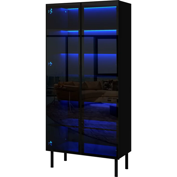 Vitrine mit Glastüren, LED-Beleuchtung per App steuerbar, 2 Schubladen, Innenregale, Standvitrine Wohnzimmer, Aufbewahrungsschrank mit Glasfront – Bild 9