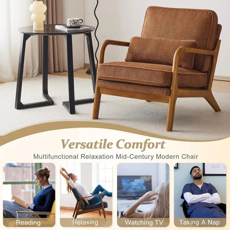 Sessel Cocktailsessel Ohrensessel Massivholz Cordstoff Braun – Bild 8